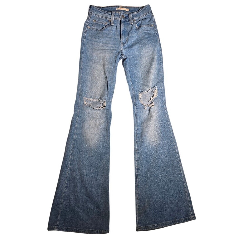 Levis 726 High Rise Flare Jeans Light Wash Distressed Ripped W24 L32